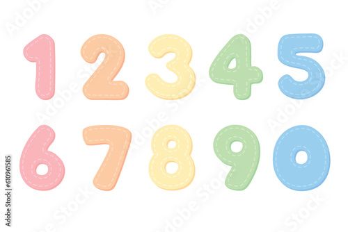 Cute pastel stitched numbers for kids, from zero to nine. Vector illustration.