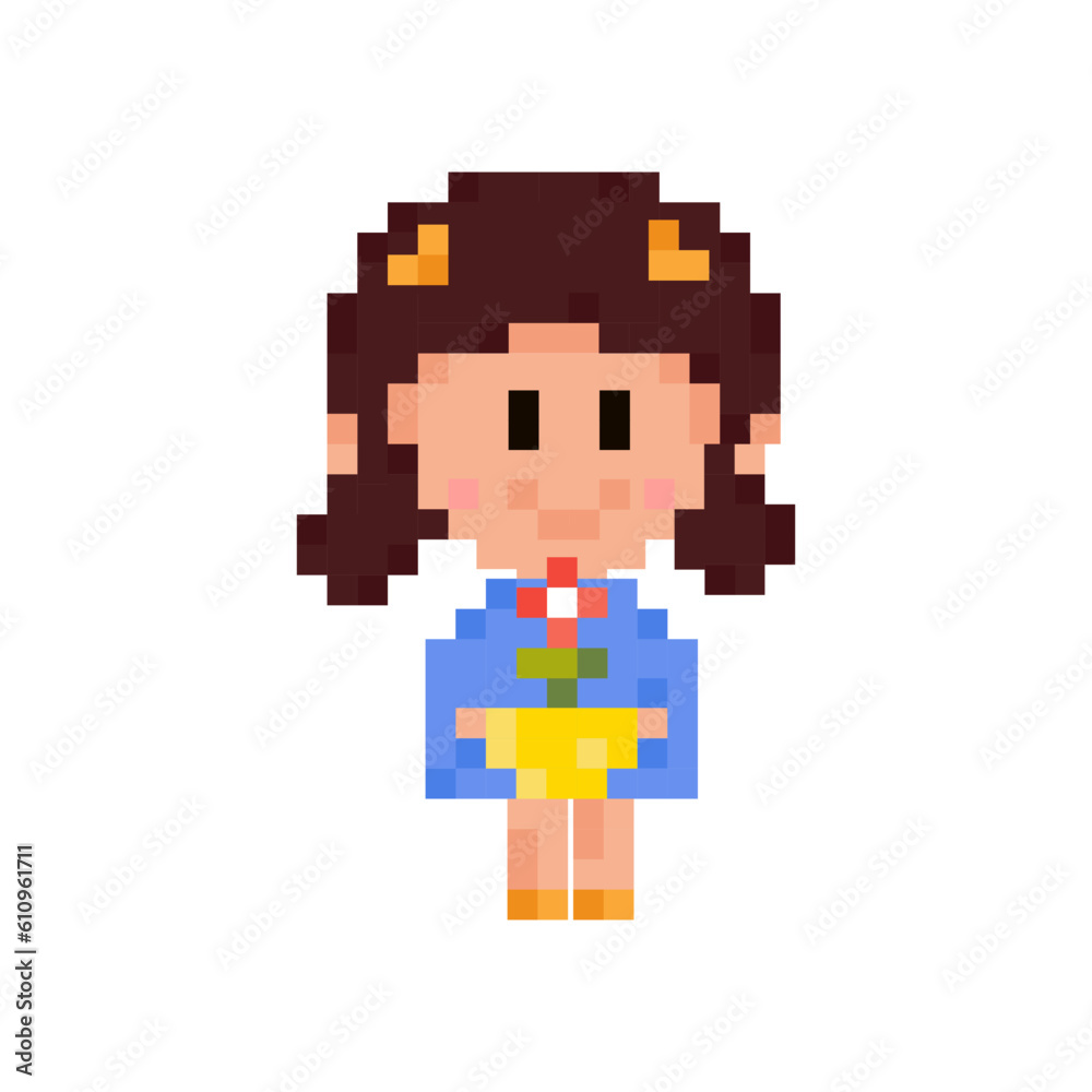 Cute girl with flower in pixel art style. Design for website, games and app.