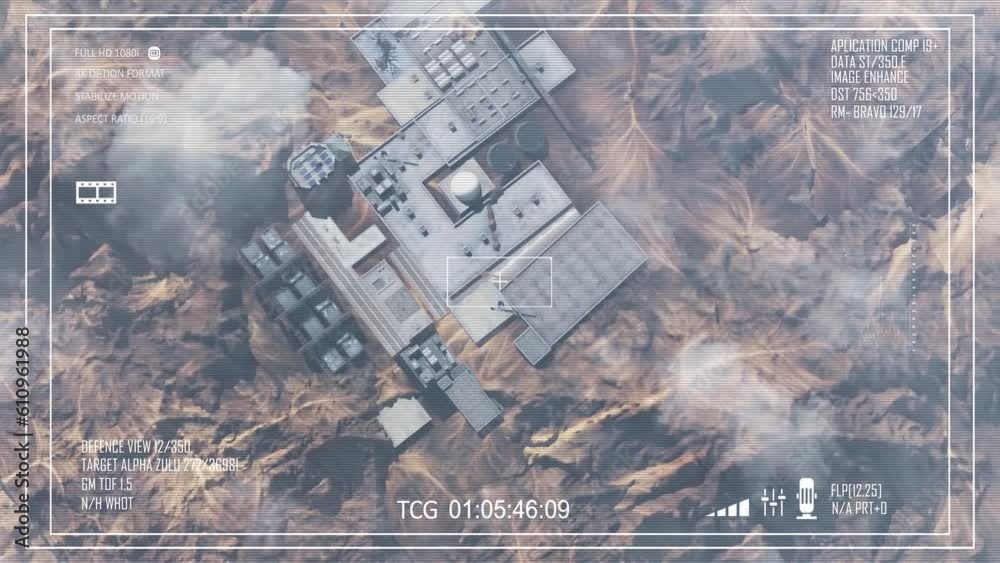Secret Nuclear base hidden in the desert, Aerial top down
Drone view over nuclear plant surrounded by mountains in the desert, 4K,2023 
