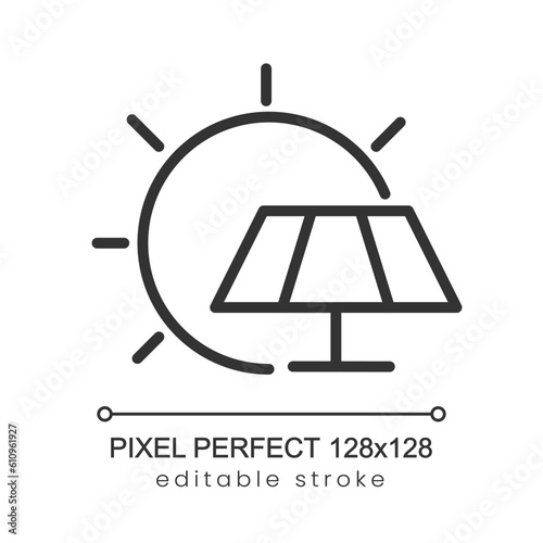 Solar energy pixel perfect linear icon. Powerful renewable source. Environment care. Thin line illustration. Contour symbol. Vector outline drawing. Editable stroke. Poppins font used