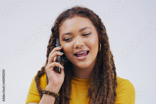 Phone call, talking and face of woman in studio for conversation, talking and chatting. Communication mockup, white background and female person on smartphone for network, contact and connection