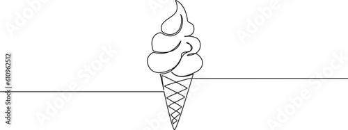 continuous single line drawing of ice cream cone with soft serve, line art vector illustration