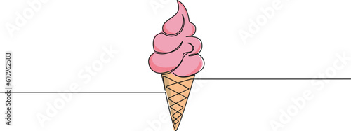 colored continuous single line drawing of ice cream cone with soft serve, line art vector illustration