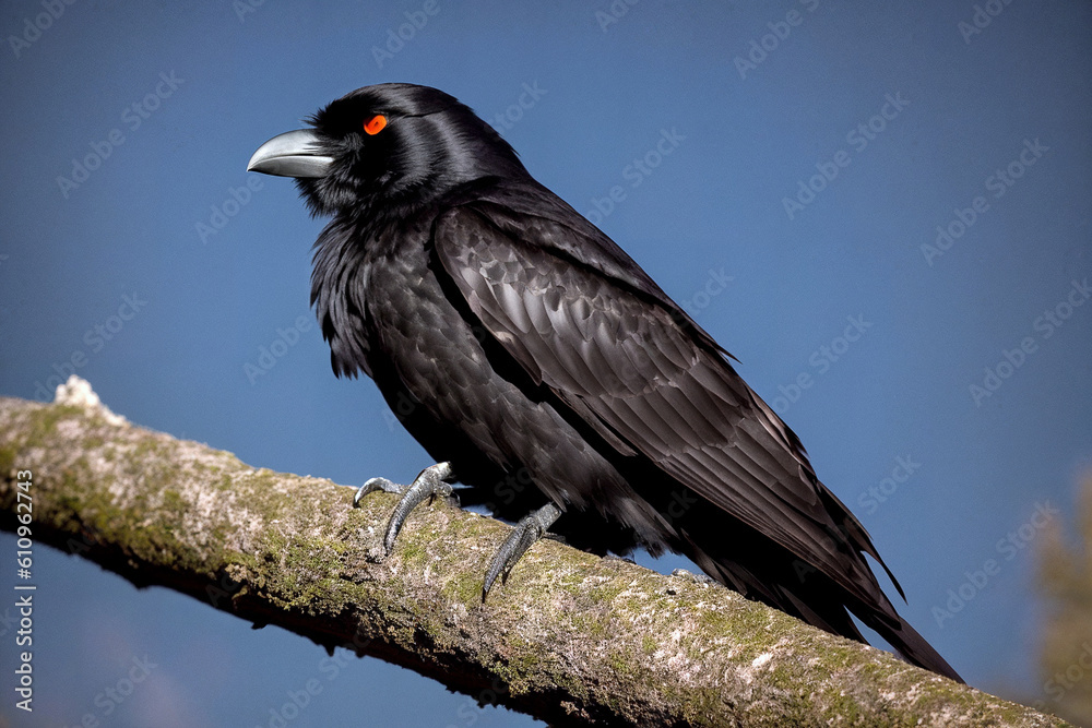 A black raven sits on a withered tree branch in the forest at night in the moonlight. Terrible picture. halloween night. Generative AI A black raven sits on a withered tree branch in the forest at night in the moonlight. Terrible picture. halloween night. Generative AI