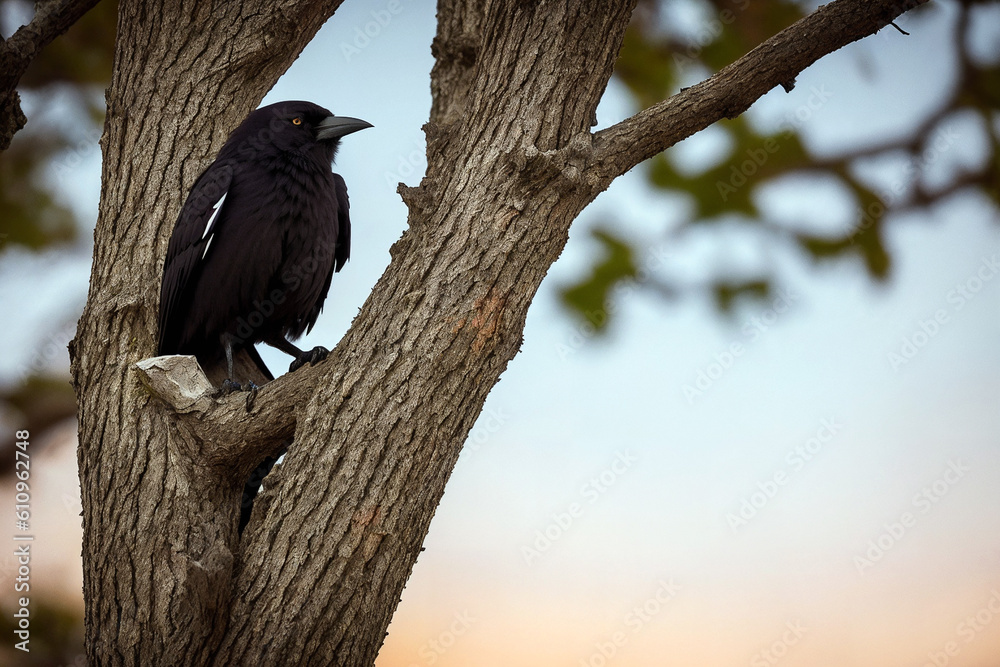 A black raven sits on a withered tree branch in the forest at night in the moonlight. Terrible picture. halloween night. Generative AI