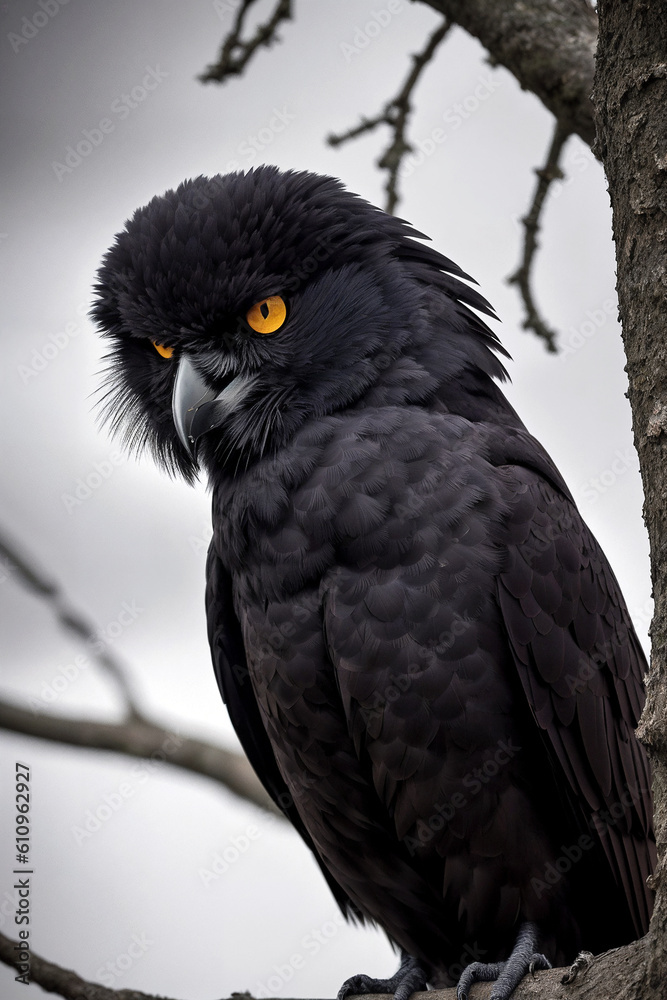 Fototapeta premium A black raven sits on a withered tree branch in the forest at night in the moonlight. Terrible picture. halloween night. Generative AI