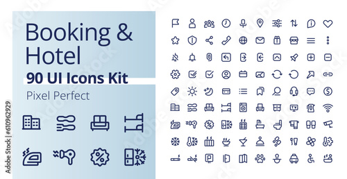 Booking and hotel pixel perfect linear ui icons kit. Accommodation for tourists. Rent room while travelling. Outline isolated user interface elements. Editable stroke. Poppins font used