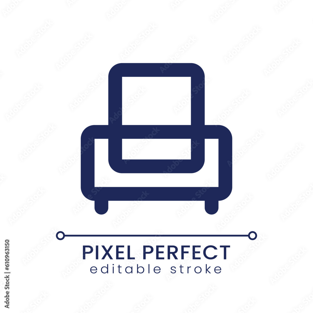 Armchair pixel perfect linear ui icon. Hotel room arrangement. Motel service. GUI, UX design. Outline isolated user interface element for app and web. Editable stroke. Poppins font used Armchair pixel perfect linear ui icon. Hotel room arrangement. Motel service. GUI, UX design. Outline isolated user interface element for app and web. Editable stroke. Poppins font used