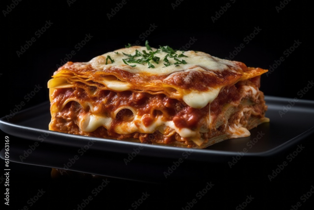 Macro view photography of a tempting lasagna on a porcelain platter against a black slate background. With generative AI technology Macro view photography of a tempting lasagna on a porcelain platter against a black slate background. With generative AI technology