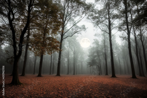 Scary foggy night forest. Silhouettes of trees  crows  people. Moonlight night before Halloween. Generative AI