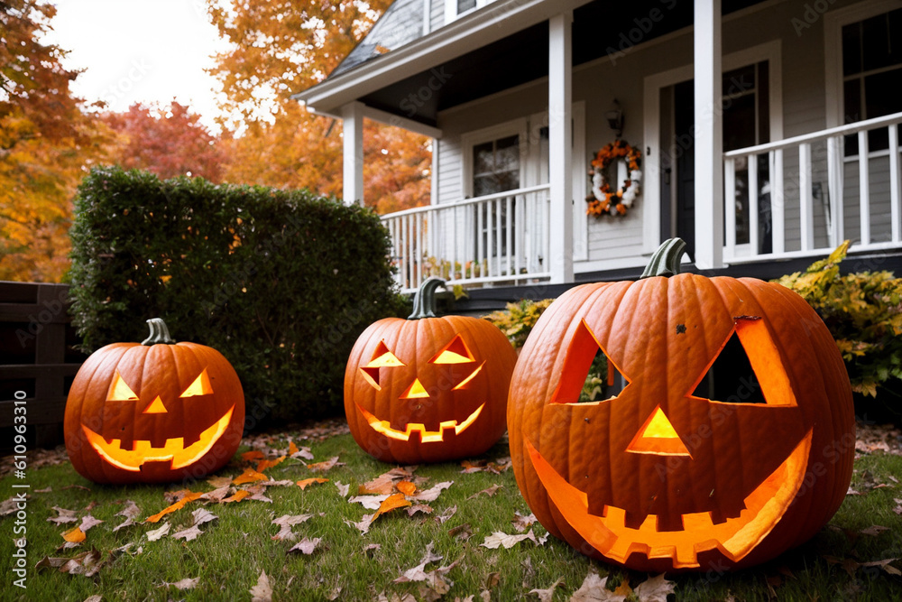 Country house decorated with halloween harvest festival attributes. Pumpkins, autumn leaves, night, jack o lantern, fear and horror. Generative AI Country house decorated with halloween harvest festival attributes. Pumpkins, autumn leaves, night, jack o lantern, fear and horror. Generative AI