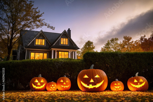 Country house decorated with halloween harvest festival attributes. Pumpkins, autumn leaves, night, jack o lantern, fear and horror. Generative AI