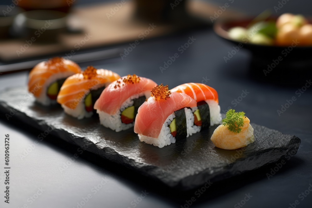 Highly detailed close-up photography of a tempting sushi on a slate plate against a colorful tile background. With generative AI technology