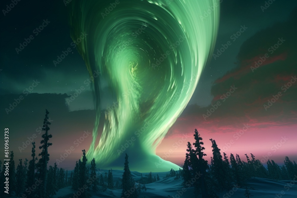 A surreal illustration of a distorted or manipulated natural phenomenon, such as a tornado or aurora borealis, Generative AI