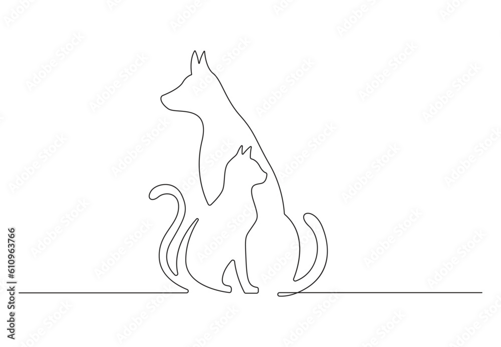 Continuous one line drawing of dog and cat black and white vector