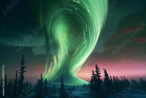 A surreal illustration of a distorted or manipulated natural phenomenon  such as a tornado or aurora borealis  Generative AI