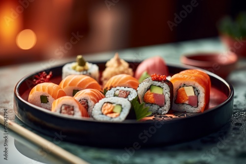 Close-up view photography of an exquisite sushi on a plastic tray against a colorful tile background. With generative AI technology