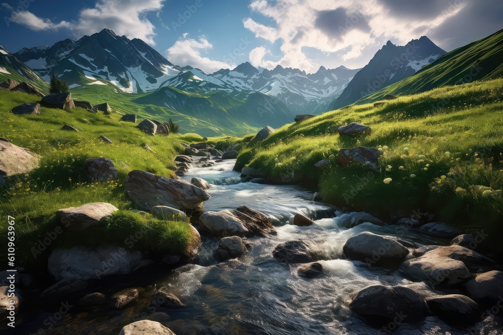 Mountain river photo realistic illustration - Generative AI. Mountain river photo realistic illustration - Generative AI.
