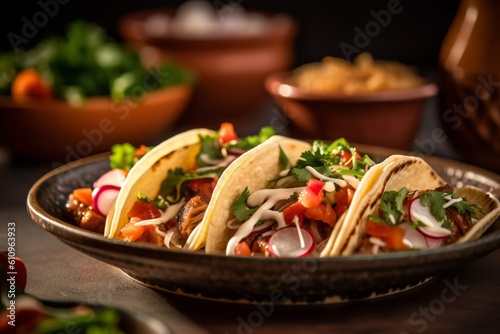 Detailed close-up photography of a juicy tacos in a clay dish against a colorful tile background. With generative AI technology