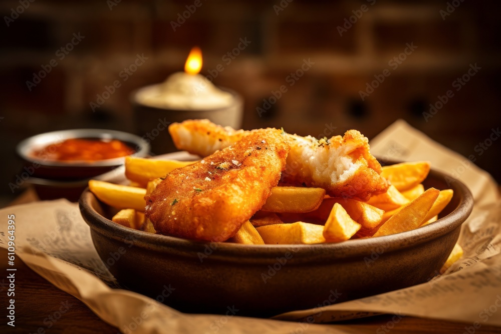 Macro detail close-up photography of a juicy fish and chips in a clay dish against a rustic textured paper background. With generative AI technology Macro detail close-up photography of a juicy fish and chips in a clay dish against a rustic textured paper background. With generative AI technology