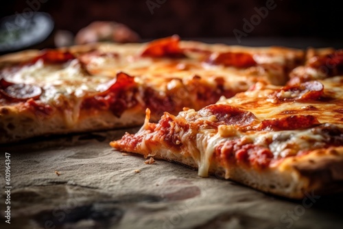 Macro view photography of a tempting pizza on a ceramic tile against a rustic textured paper background. With generative AI technology