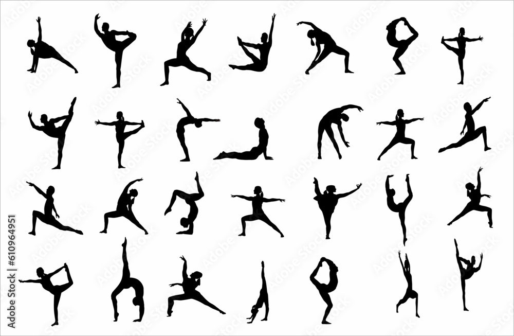 Man and Woman silhouettes. Collection of yoga poses.