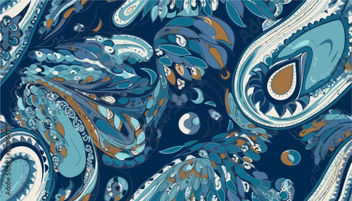 Modern hand drawn paisley ornament pattern in blue tones. Abstract trendy ethnic style. Fashionable vector template for your design