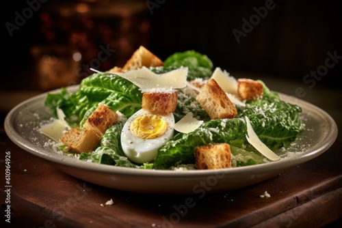 Macro view photography of a juicy caesar salad on a porcelain platter against a rustic textured paper background. With generative AI technology
