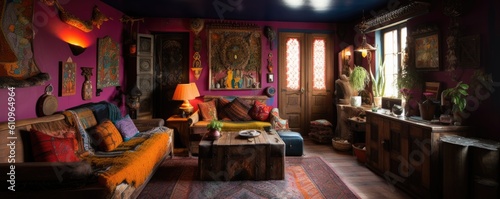 Banner - Living room in Bohemian style characterized by vibrant colors and rich patterns, with a mix of eclectic and vintage furniture. Architecture and Real estate, AI generative