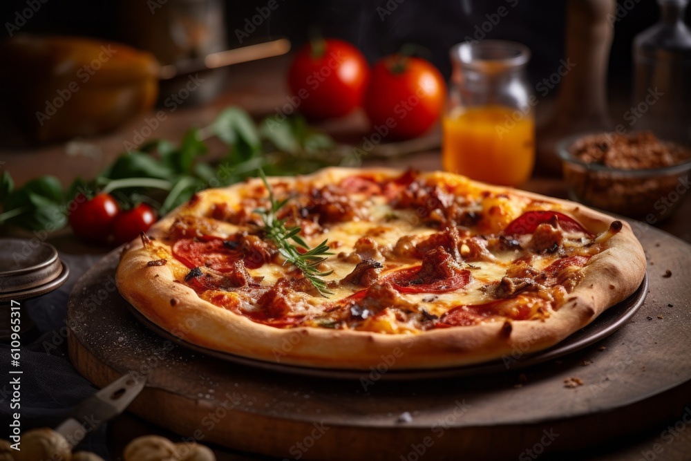 Rustic ambiance close-up photography of a tempting pizza on a rustic plate against a natural linen fabric background. With generative AI technology