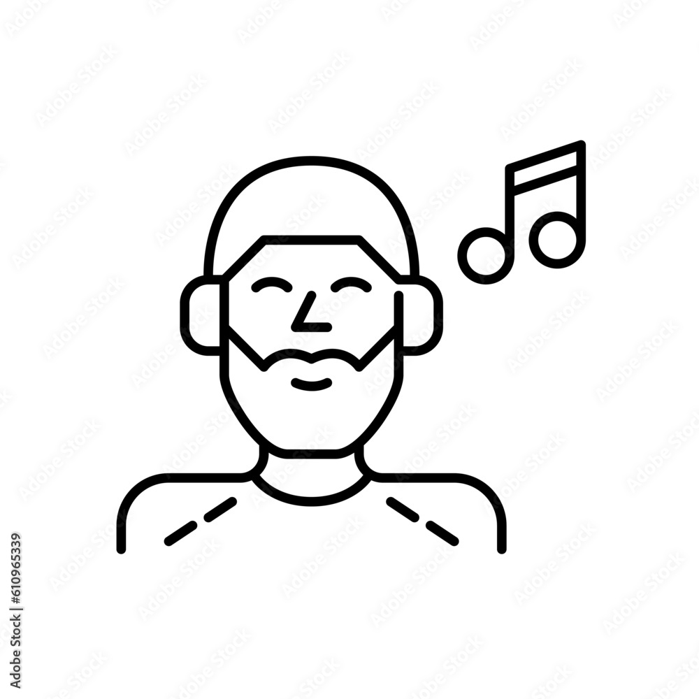Young man listening to music in headphones. Relaxation and entertainment. Pixel perfect, editable stroke icon