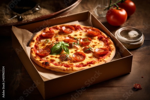 Rustic ambiance close-up photography of a tempting pizza in a bento box against a natural linen fabric background. With generative AI technology