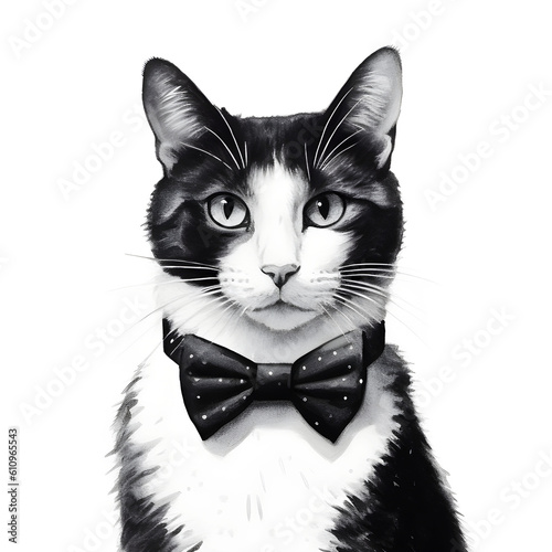 Black cat with bow tie on white background