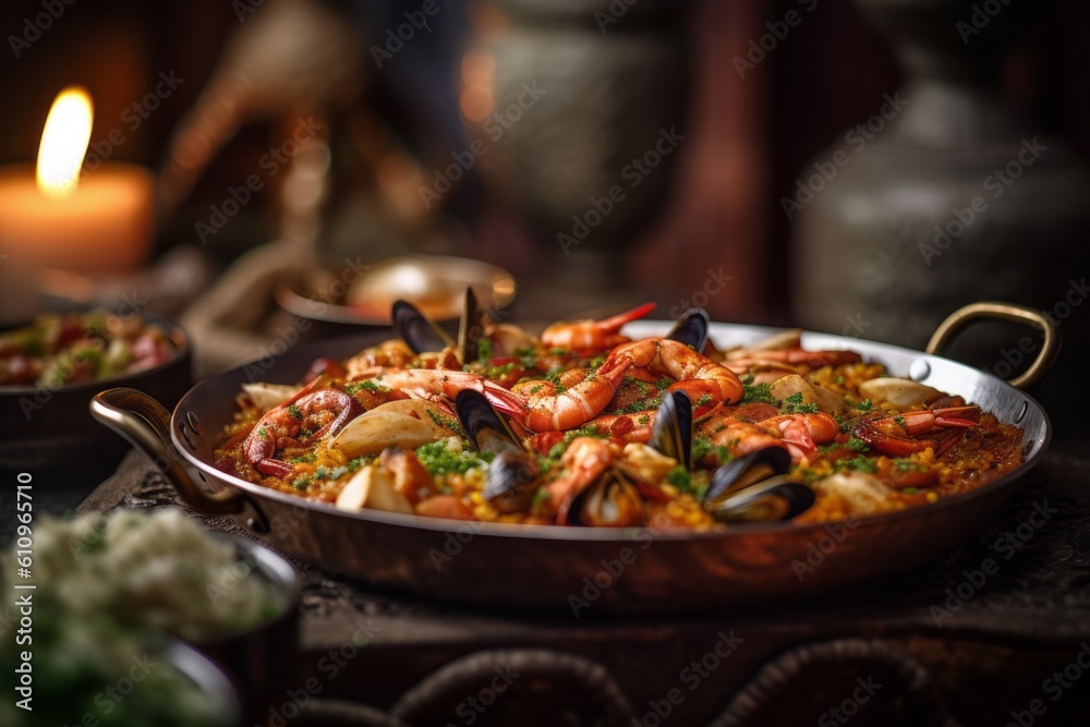 Rustic ambiance close-up photography of an exquisite paella on a metal tray against a natural linen fabric background. With generative AI technology