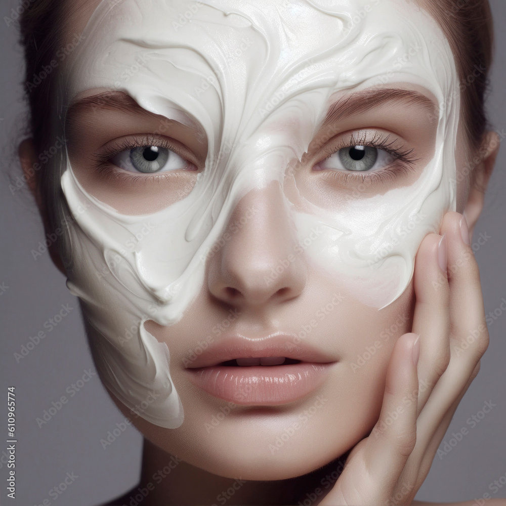 Fototapeta premium young woman with cream on her face, generative ai