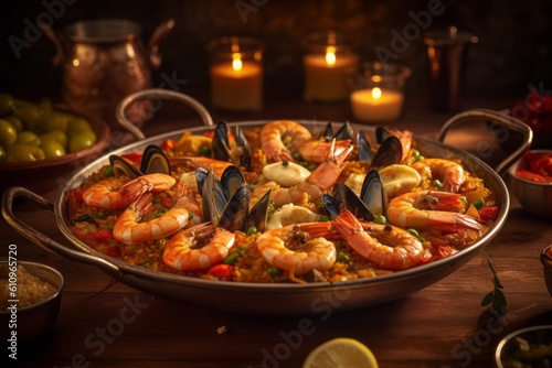Rustic ambiance close-up photography of an exquisite paella on a metal tray against a natural linen fabric background. With generative AI technology