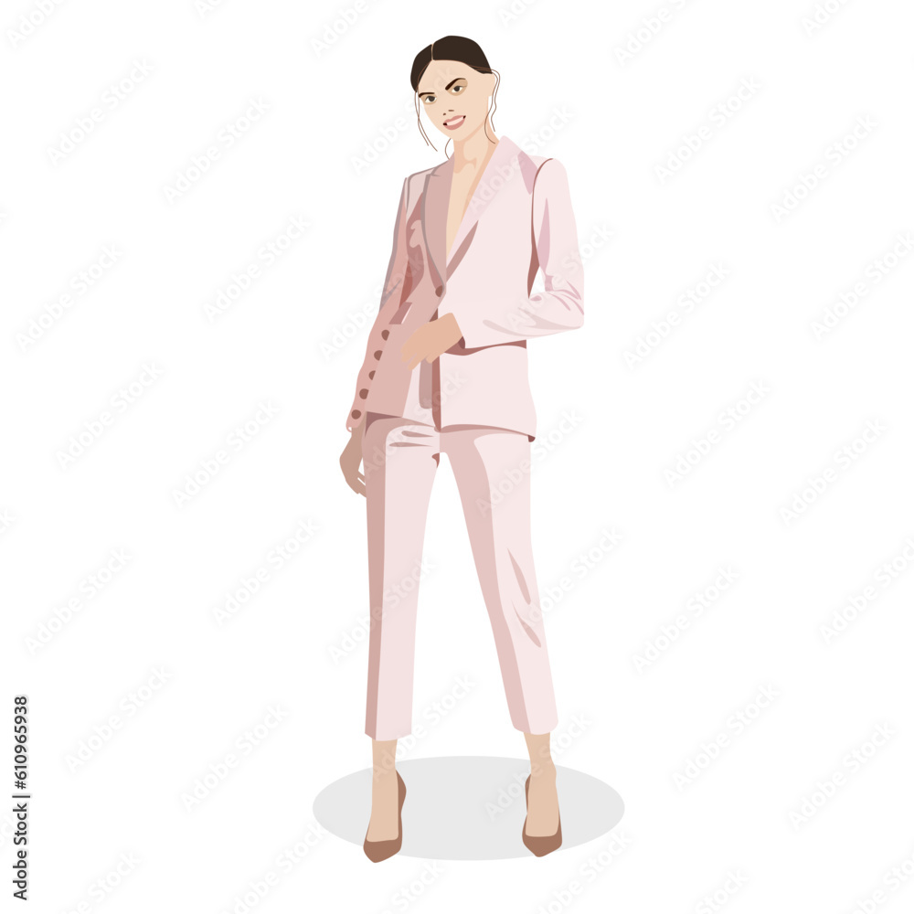 Vector illustration of a girl in a pink trouser suit on a plain isolated background. Vector fashion illustration of a beautiful girl Vector illustration of a girl in a pink trouser suit on a plain isolated background. Vector fashion illustration of a beautiful girl