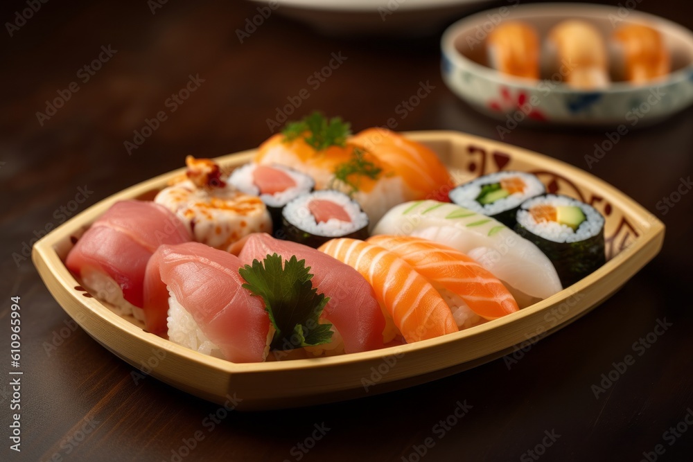Highly detailed close-up photography of an exquisite sushi on a plastic tray against a pastel painted wood background. With generative AI technology