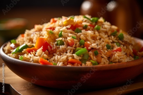 Macro detail close-up photography of a refined fried rice on a rustic plate against a pastel painted wood background. With generative AI technology