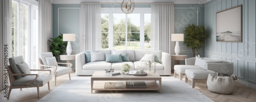 Banner - Living room in Coastal/Hamptons design inspired by the beach, design style is characterized by a light and airy color palette with nautical themes. Architecture, Real estate, AI generative
