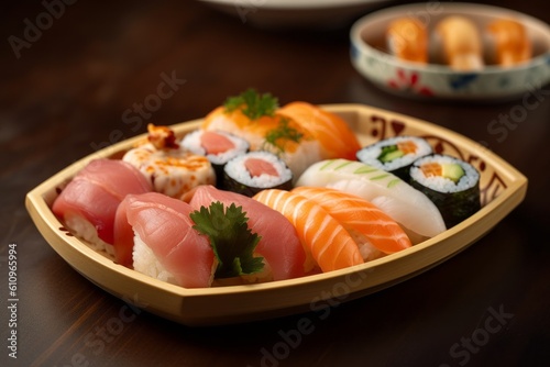 Highly detailed close-up photography of an exquisite sushi on a plastic tray against a pastel painted wood background. With generative AI technology