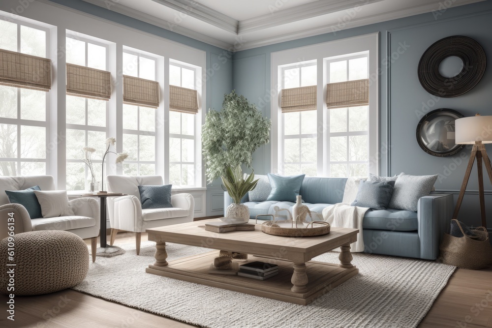 Living room in Coastal/Hamptons design inspired by the beach, this design style is characterized by a light and airy color palette with nautical themes. Architecture and Real estate, AI generative