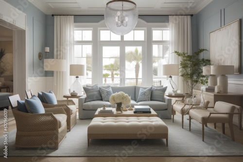 Living room in Coastal Hamptons design inspired by the beach  this design style is characterized by a light and airy color palette with nautical themes. Architecture and Real estate  AI generative