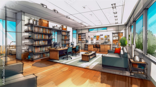 watercolor and sketch  bright interior of a office  hand drawn style illustration  Generative AI