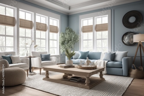 Living room in Coastal/Hamptons design inspired by the beach, this design style is characterized by a light and airy color palette with nautical themes. Architecture and Real estate, AI generative © Dalibor