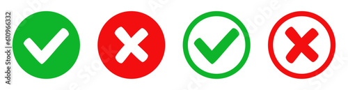 Set of round icons with check marks and red cross for apps and web, flat design vector illustrations