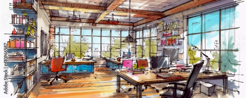 watercolor and sketch, bright interior of a office, hand drawn style illustration, Generative AI © PaputekWallArt