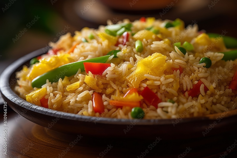 Highly detailed close-up photography of a juicy fried rice on a slate plate against a bamboo background. With generative AI technology Highly detailed close-up photography of a juicy fried rice on a slate plate against a bamboo background. With generative AI technology