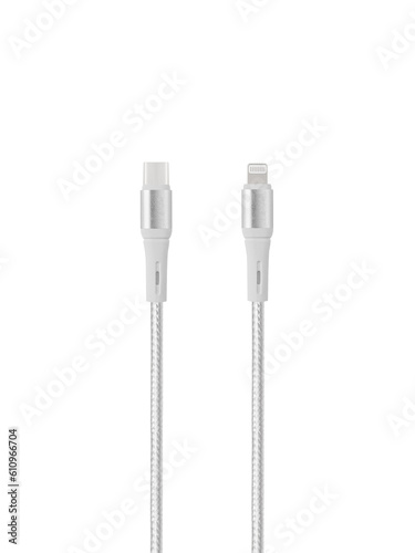 White cable for charging and synchronization with Type - C  USB  Micro USB  Lightning connectors on a white background