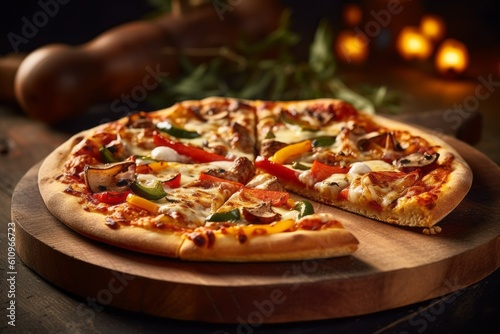 Close-up view photography of a tempting pizza on a rustic plate against a bamboo background. With generative AI technology